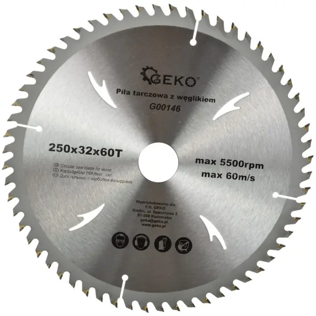 GEKO Cirkelzaagblad - Tungsten Carbide - 250 mm - 60 Tanden - Voor Houtbewerking