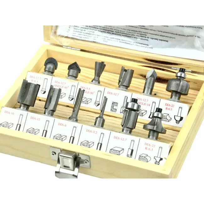 GEKO Freesbits set - HSS staal - 8mm schacht - 12-delig - Inclusief houten koffer