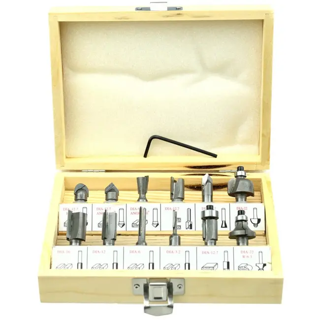 GEKO Freesbits set - HSS staal - 8mm schacht - 12-delig - Inclusief houten koffer