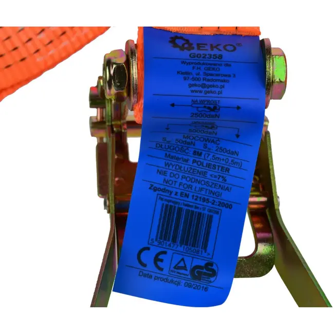 GEKO Rateltrekband met J-haken - 8m - 5000 kg - 50mm breed - Polyester