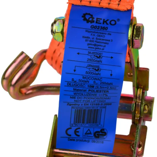 GEKO Rateltrekband - 10m - 5000kg - Polyester - J-haken - 50mm breed