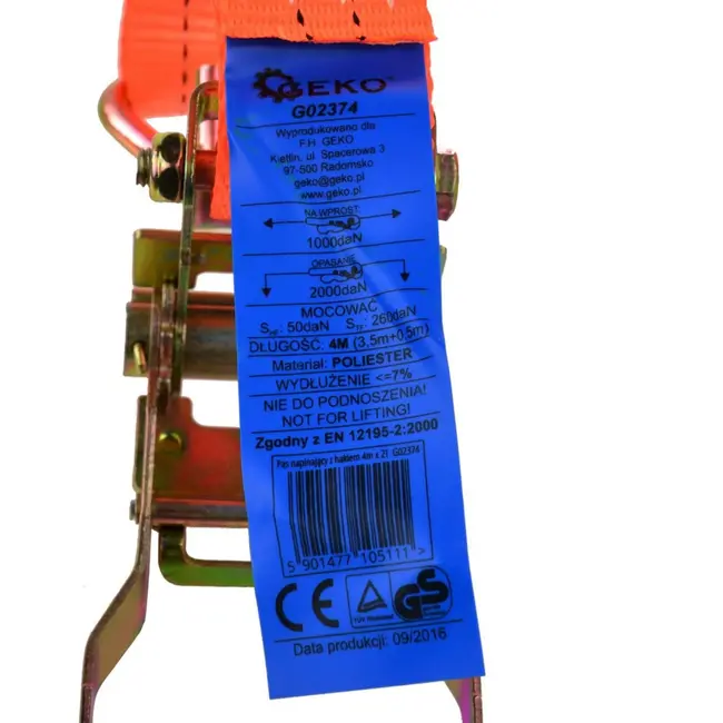 GEKO Ratchet spanband - 4m - 2000 kg - polyester - met J-haken
