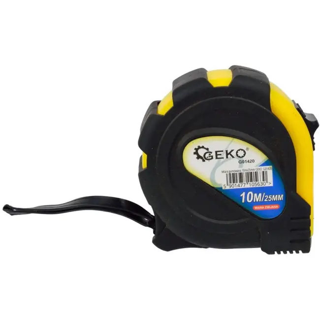 GEKO Rubberen meetlint - 10 m - 25 mm - schokbestendig - antislip haak