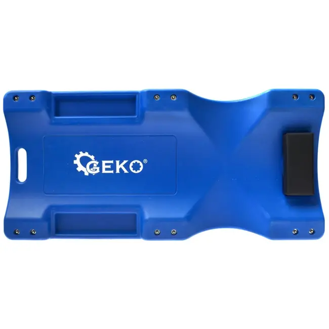 GEKO Blauw ergonomisch monteursbed met dik kussen, zes 75 mm wielen en twee zijbakjes