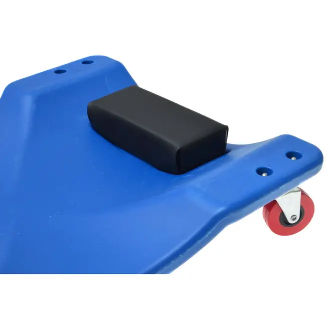 GEKO Blauw ergonomisch monteursbed met dik kussen, zes 75 mm wielen en twee zijbakjes