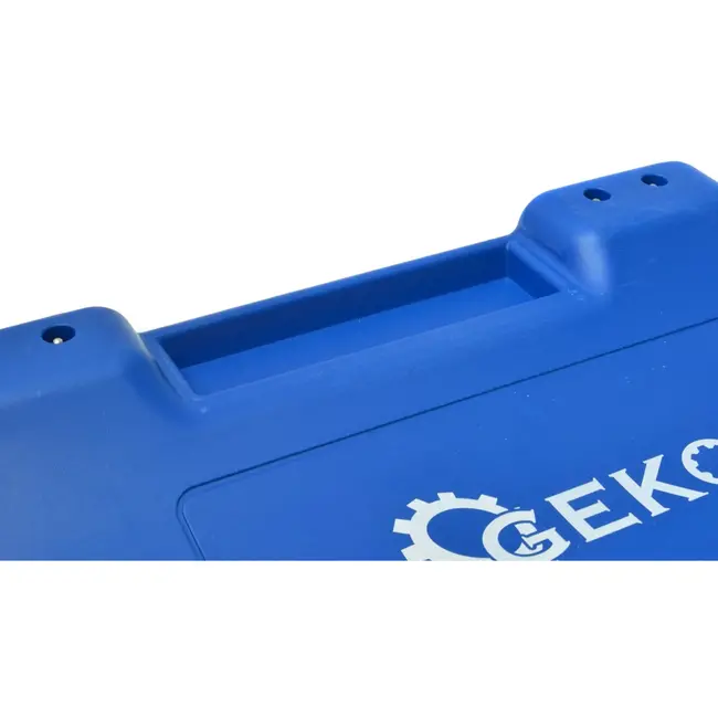 GEKO Blauw ergonomisch monteursbed met dik kussen, zes 75 mm wielen en twee zijbakjes