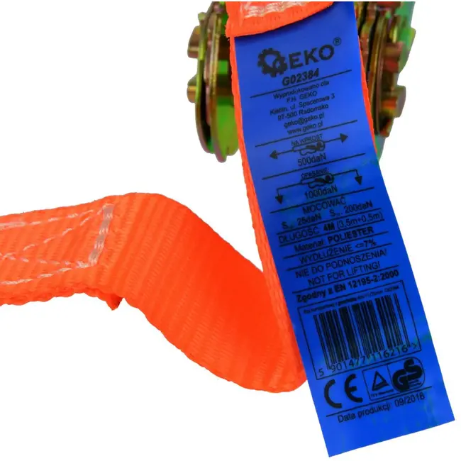 GEKO Ratchet spanband - 4m lengte - 1000 kg draagkracht - 25 mm breed - met J-haken