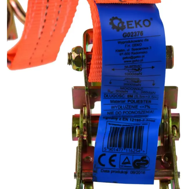 GEKO Ratchet spanband - 6m - 2000 kg - polyester - J-haken
