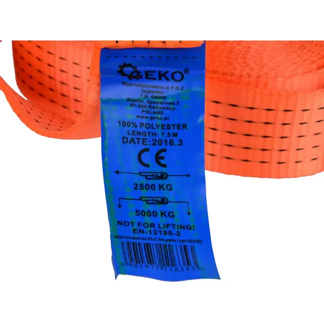 GEKO Sterke sleepkabel - 7,5 m - 5000 kg - 50 mm - met haken en klittenband