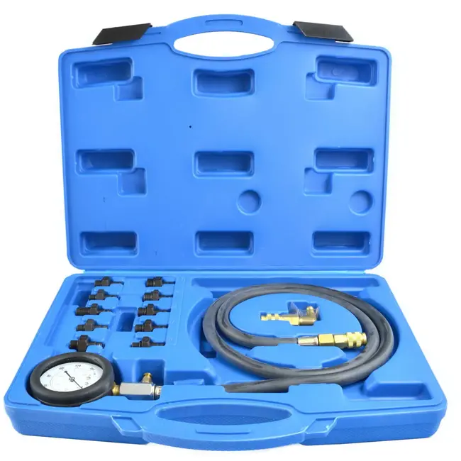 GEKO Uitgebreide oliedruktester set - 10 adapters - Manometer tot 10 bar - Flexibele slang 120 cm