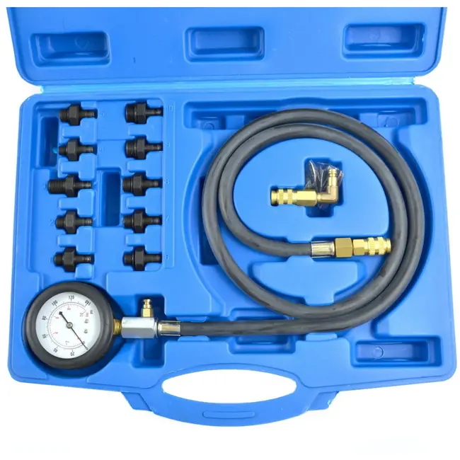 GEKO Uitgebreide oliedruktester set - 10 adapters - Manometer tot 10 bar - Flexibele slang 120 cm