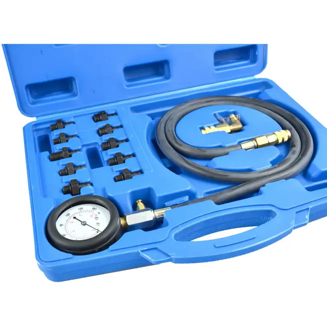 GEKO Uitgebreide oliedruktester set - 10 adapters - Manometer tot 10 bar - Flexibele slang 120 cm