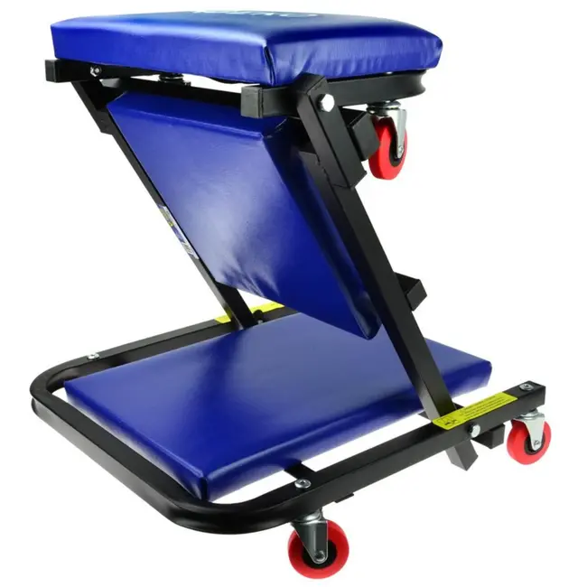 GEKO Opvouwbare autokrik en zitje - Stalen frame - Schuimkussen - 7 zwenkwielen - 102 cm lang