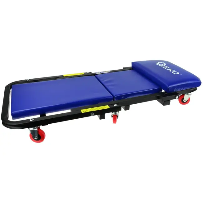 GEKO Opvouwbare autokrik en zitje - Stalen frame - Schuimkussen - 7 zwenkwielen - 102 cm lang