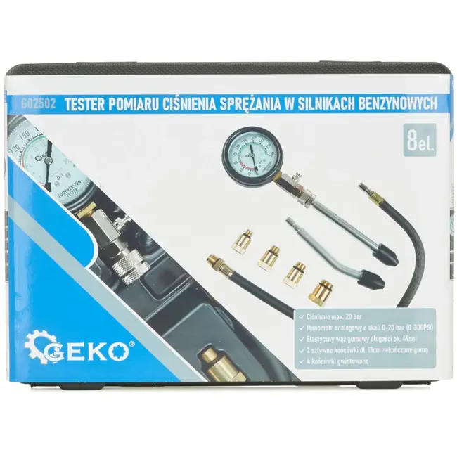 GEKO Compressietester set - max. 20 bar - flexibele slang - 4 schroefdraadmaten
