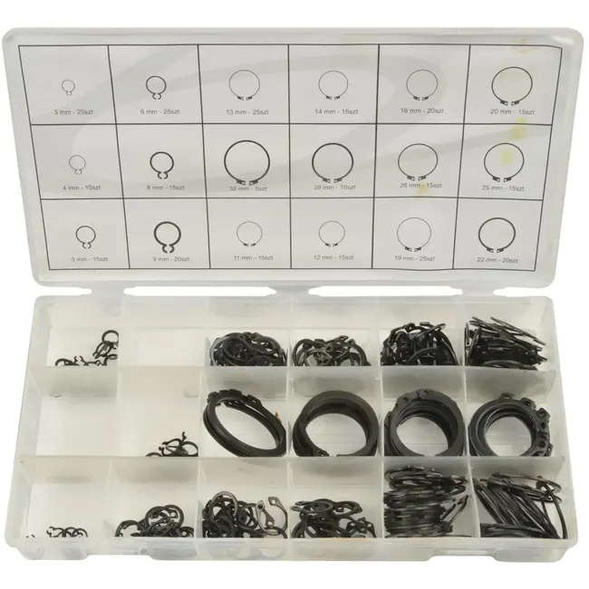 GEKO Extern circlip assortiment 300 stuks in 18 maten van 3-32 mm met kunststof opbergdoos