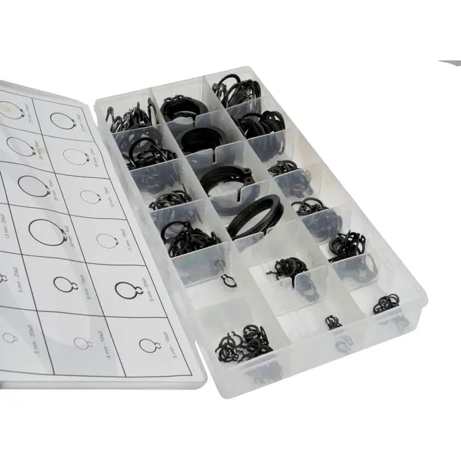 GEKO Extern circlip assortiment 300 stuks in 18 maten van 3-32 mm met kunststof opbergdoos