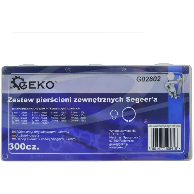 GEKO Extern circlip assortiment 300 stuks in 18 maten van 3-32 mm met kunststof opbergdoos