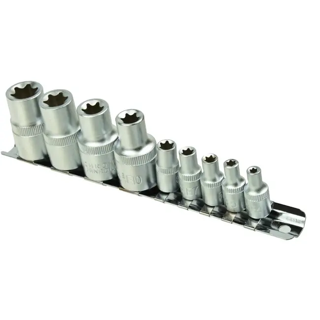 GEKO TORX dopsleutelset - CrV staal - E4-E16 - 9-delig - Met railhouder