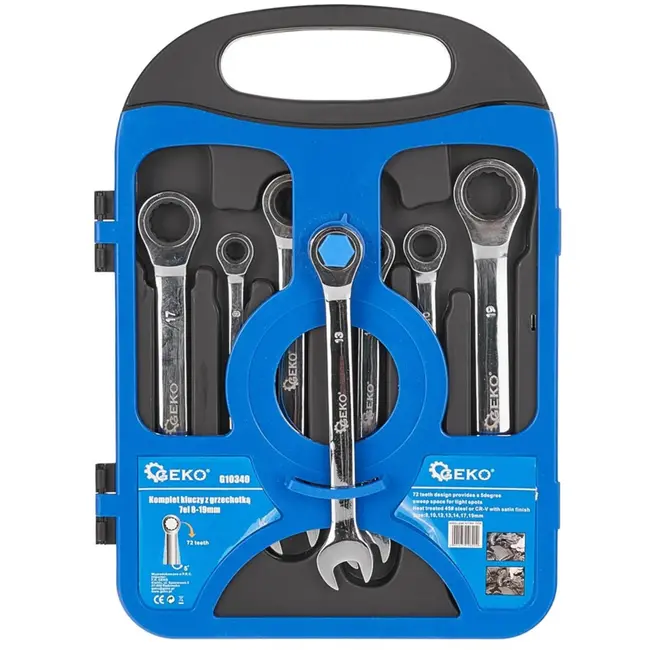 GEKO Ratelsleutelset 8-19 mm - 7-delig - 72-tands - Chroom vanadium - Inclusief opbergdoos