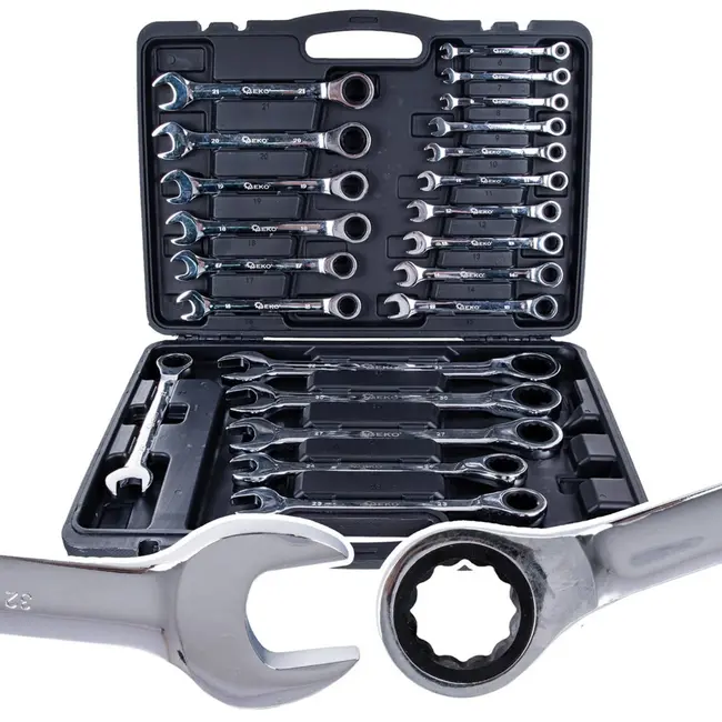 GEKO Ratelsteeksleutelset - 22-delig - 6-32 mm - Aluminium koffer - Chroom vanadium staal