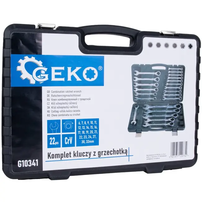 GEKO Ratelsteeksleutelset - 22-delig - 6-32 mm - Aluminium koffer - Chroom vanadium staal