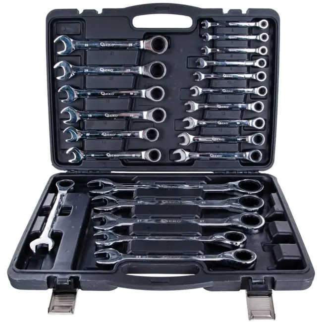 GEKO Ratelsteeksleutelset - 22-delig - 6-32 mm - Aluminium koffer - Chroom vanadium staal