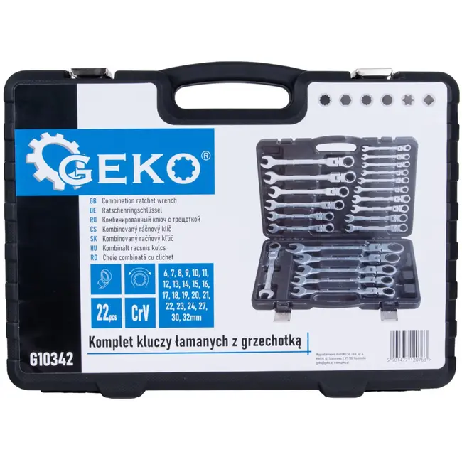 GEKO Flexibele ratelsleutelset - 22-delig - 6-32 mm - Verstelbare kop - Inclusief opbergbox