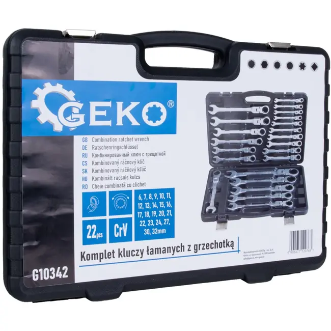 GEKO Flexibele ratelsleutelset - 22-delig - 6-32 mm - Verstelbare kop - Inclusief opbergbox