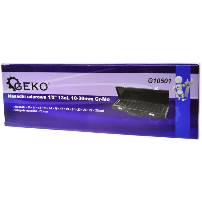 GEKO Dopsleutelset - 1/2" - Diep - Cr-Mo Staal - 10-30 mm - 78 mm Lengte