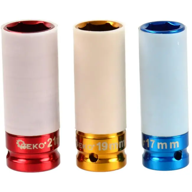 GEKO Dopsleutelset 17 19 21 mm voor velgen met beschermhuls en opbergkoffer voor veilig werken