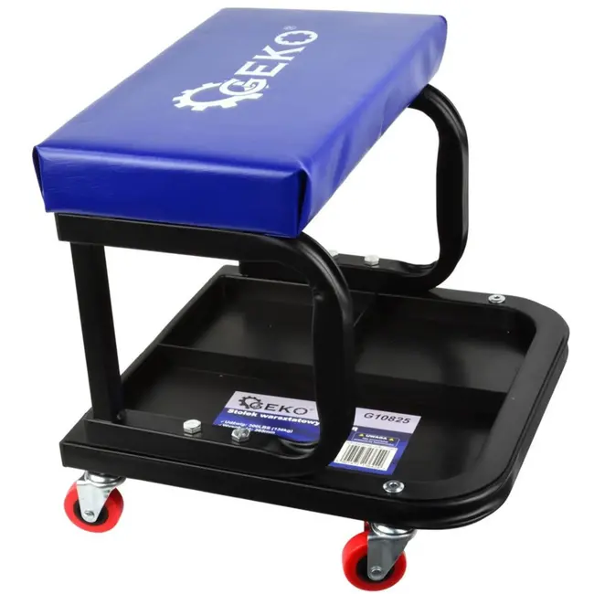 GEKO Rollende garagekruk - 360° wielen - Stalen frame - Volledig gevoerde zitting - Gereedschapsvak