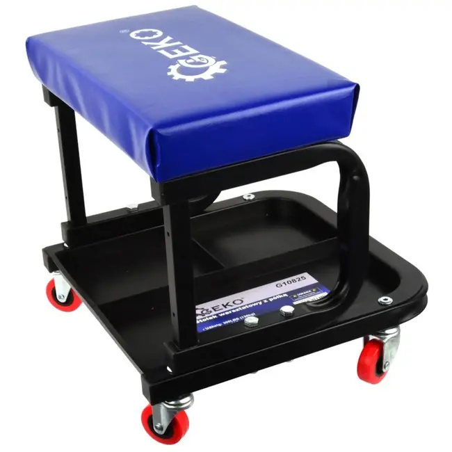 GEKO Rollende garagekruk - 360° wielen - Stalen frame - Volledig gevoerde zitting - Gereedschapsvak