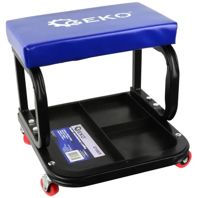 GEKO Rollende garagekruk - 360° wielen - Stalen frame - Volledig gevoerde zitting - Gereedschapsvak