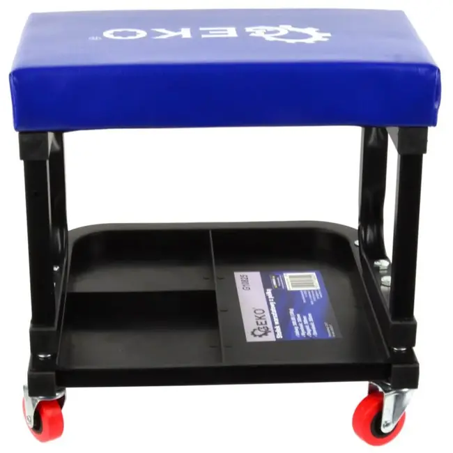 GEKO Rollende garagekruk - 360° wielen - Stalen frame - Volledig gevoerde zitting - Gereedschapsvak