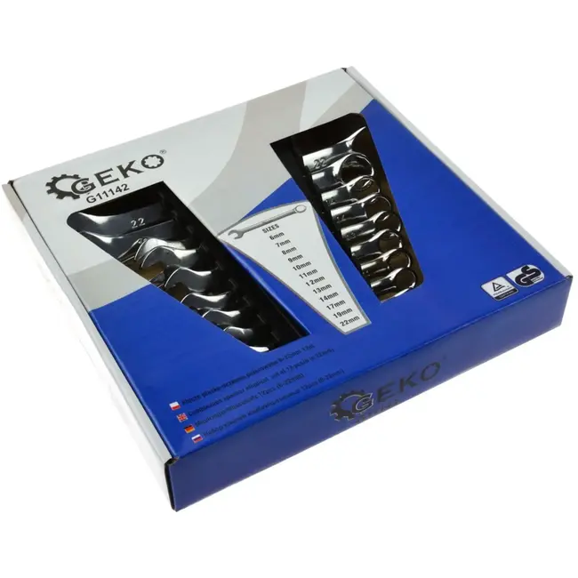 GEKO Polijste steeksleutelset - 12-delig - 6-22 mm - Chroom vanadium - Inclusief opbergrek