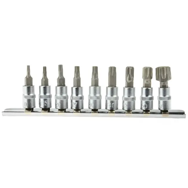 GEKO 9-delige Torx Dopsleutelset - CrV Staal - T10-T60 - Inclusief RVS Rail