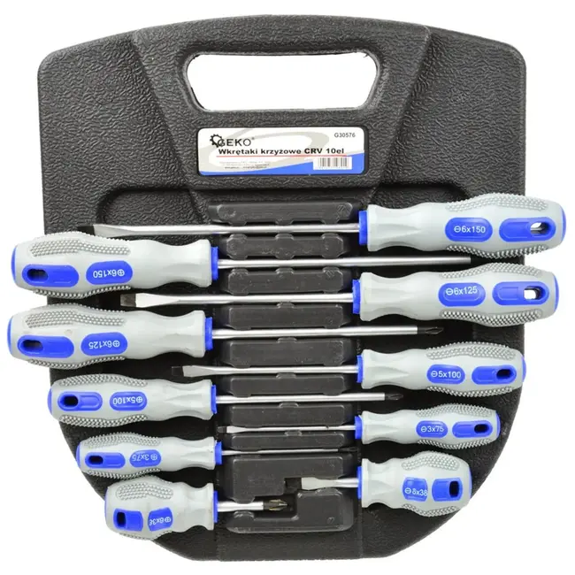 GEKO 10-delige schroevendraaierset - CrV staal - Magnetische punten - Ergonomische handgreep - Blauw-grijs