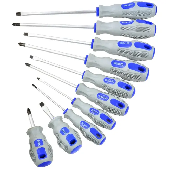 GEKO 10-delige schroevendraaierset - CrV staal - Magnetische punten - Ergonomische handgreep - Blauw-grijs