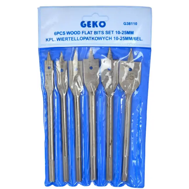 GEKO Flat bitset houtbewerking - 6-delig - 10-25 mm - HCS staal - HEX aansluiting