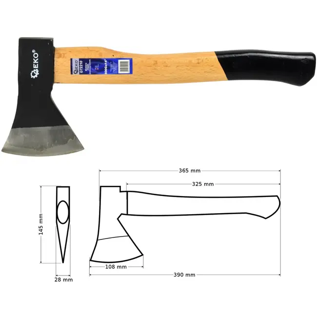 GEKO Bijl met houten handvat - antislip grip - gehard koolstofstaal - 600g