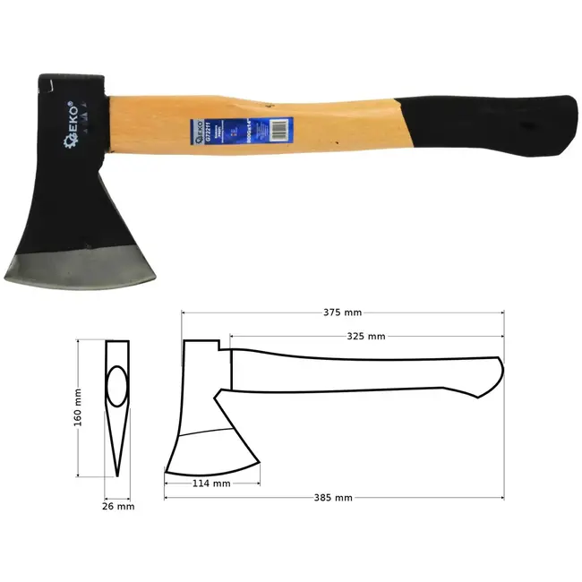 GEKO Bijl met houten handvat - antislip grip - hoogwaardig koolstofstaal - 800g - 38 cm