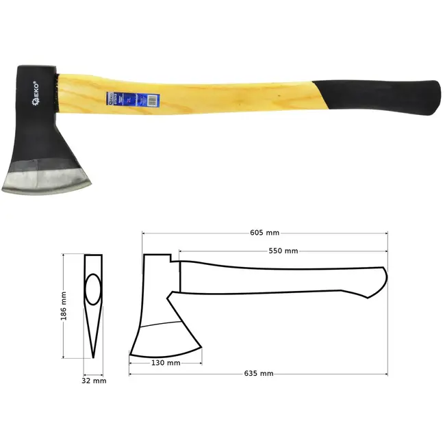 GEKO Bijl - Houten Handvat - Antislip Grip - Hoogwaardig Koolstofstaal - 1250 g