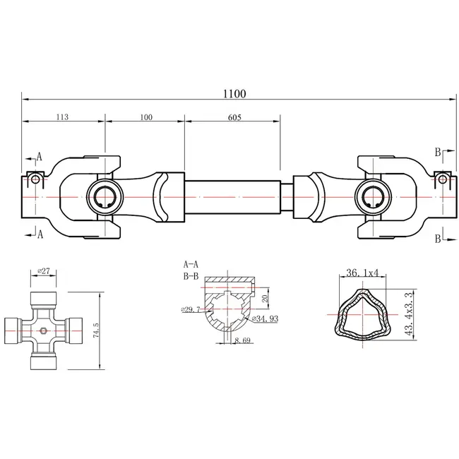 GEKO PTO as - 3-lemon buis - 1100 mm - kunststof omhulsel - snelle montage