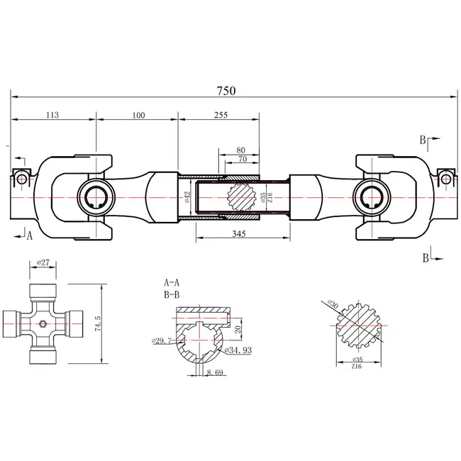 GEKO PTO-as - 3-lemon buis - involute type - 750 mm - snelle montage - kunststof afdekking