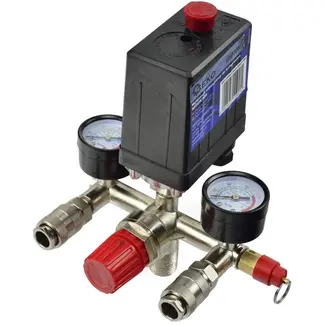 GEKO Drukregelaar voor luchtcompressoren - Max. 12 bar - 2 manometers - 230V - Europese snelkoppelingen