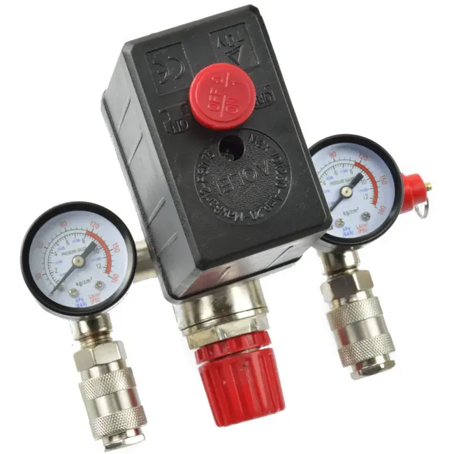 GEKO Drukregelaar voor luchtcompressoren - Max. 12 bar - 2 manometers - 230V - Europese snelkoppelingen