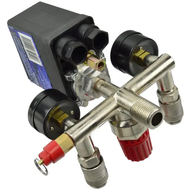 GEKO Drukregelaar voor luchtcompressoren - Max. 12 bar - 2 manometers - 230V - Europese snelkoppelingen