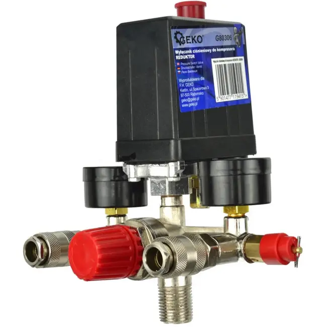 GEKO Drukregelaar voor luchtcompressoren - Max. 12 bar - 2 manometers - 230V - Europese snelkoppelingen