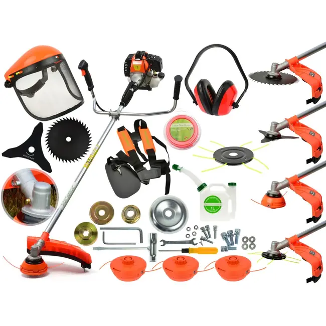 GEKO BC430 krachtige 49,7cc bosmaaier met 3 trimmerkoppen, zaagblad, harnas, vizier en gehoorbescherming